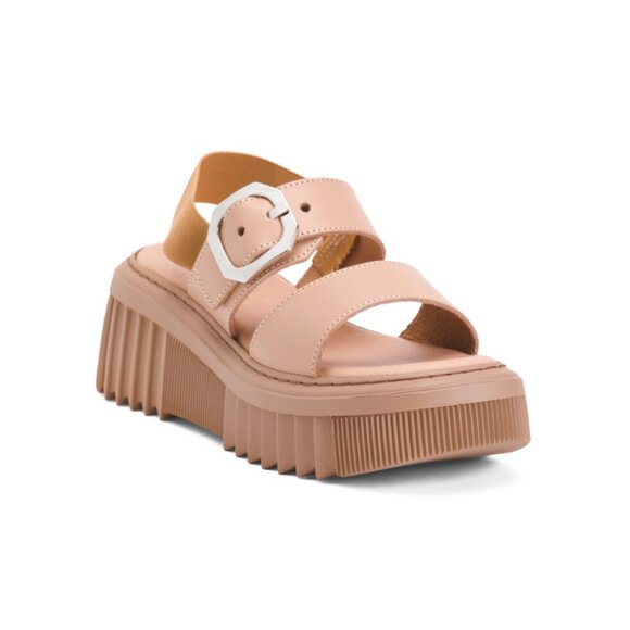 CARLO PERA Nude Made In Italy Leather Platform Sandals With Buckle - Picture 1 of 2